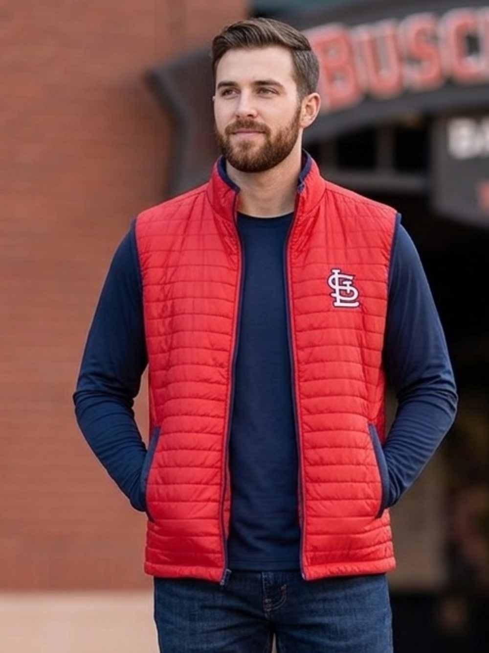 Red Quilted Vest with St. Louis Cardinals Logo Adult Size XL Puffy Vest